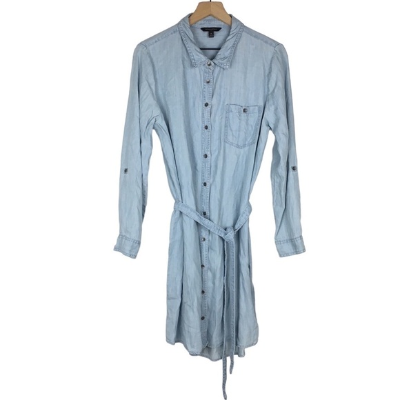 BANANA REPUBLIC Chambray Shirt Dress Light Wash Tie Waist Roll Tab Plus Size 14 - Picture 4 of 14